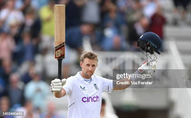 England batsman Joe Root celebrates after reaching his century during day three of the Second Test Match between England and New Zealand at Trent...