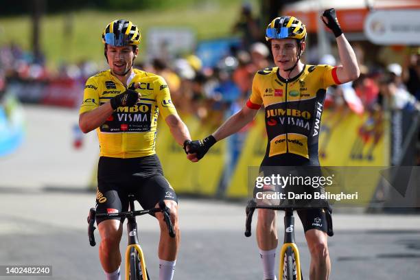 Race winner Primoz Roglic of Slovenia Yellow Leader Jersey and stage winner Jonas Vingegaard Rasmussen of Denmark and Team Jumbo - Visma celebrate at...