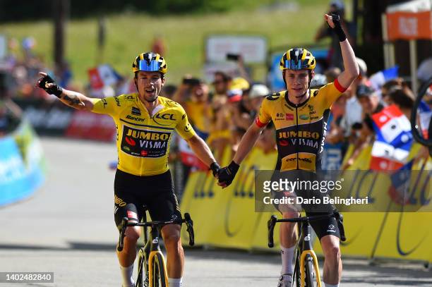 Race winner Primoz Roglic of Slovenia Yellow Leader Jersey and stage winner Jonas Vingegaard Rasmussen of Denmark and Team Jumbo - Visma celebrate at...