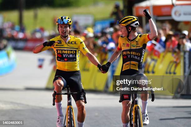 Race winner Primoz Roglic of Slovenia Yellow Leader Jersey and stage winner Jonas Vingegaard Rasmussen of Denmark and Team Jumbo - Visma celebrate at...