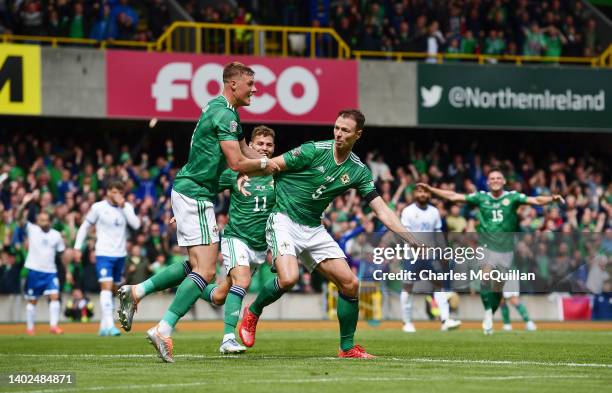 Jonny Evans of Northern Ireland celebrates with Daniel Ballard after scoring their team's second goal during the UEFA Nations League League C Group 2...