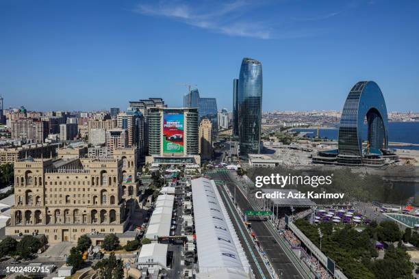 General view of the race action during the F1 Grand Prix of Azerbaijan at Baku City Circuit on June 12, 2022 in Baku, Azerbaijan.