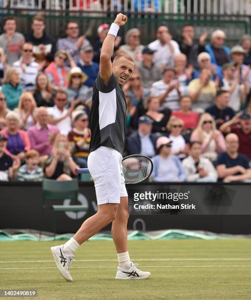 Dan Evans of Great Britain reacts as he wins the first set against Jordan Thompson of Australia in the men’s single final match during day nine of...