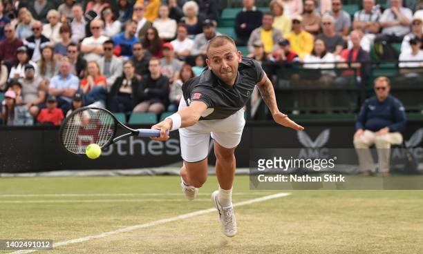 Dan Evans of Great Britain plays against Jordan Thompson of Australia in the men’s single final match during day nine of the Rothesay Open at...