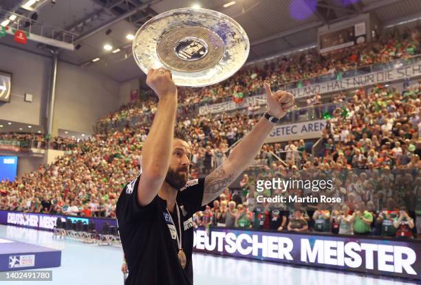 Bennett Wiegert, head coach of SC Magdeburg celebrates after winning the german handball championship after the LIQUI MOLY HBL match between SC...