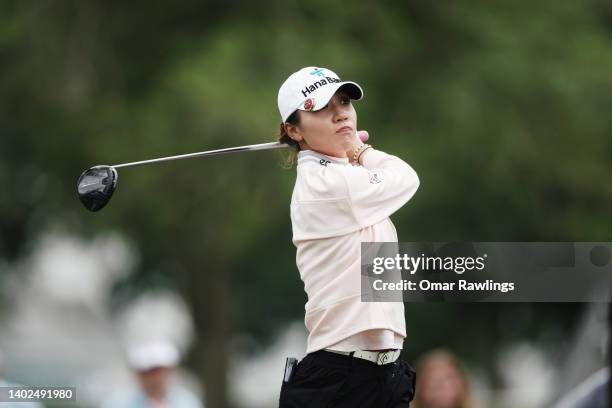 Lydia Ko of New Zealand plays her shot from the first tee during the final round of the ShopRite Classic at Seaview Bay Course on June 12, 2022 in...