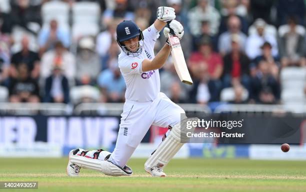 England batsman Joe Root drives to the boundary during day three of the Second Test Match between England and New Zealand at Trent Bridge on June 12,...
