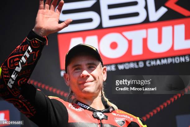 Alvaro Bautista of Spain and Aruba.it Racing - Ducati celebrates the victory on the podium during the FIM Superbike World Championship Pirelli...