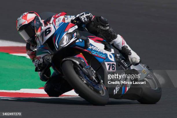 Loris Baz of France and Bonovo Action BMW rounds the bend during the FIM Superbike World Championship Pirelli Emilia-Romagna Round - Race 2 on June...
