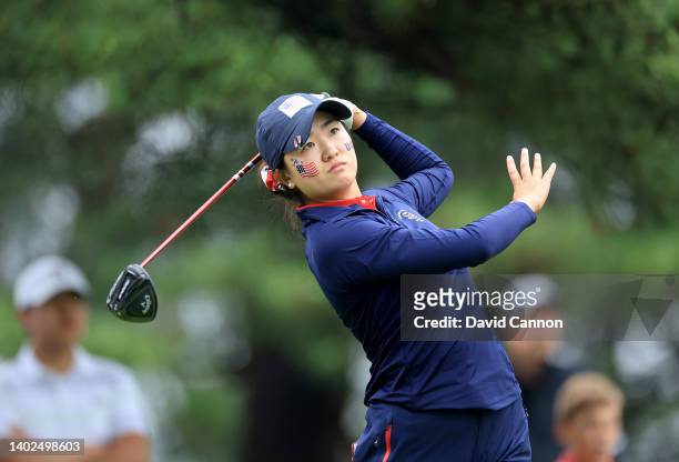 Rose Zhang of The United States Team plays her tee shot on the second hole in her match against Louise Duncan during the singles matches on day three...