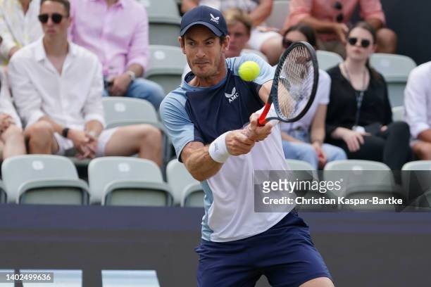 Andy Murray of Great Britain plays a backhand during Men`s Singles final between Andy Murray of Great Britain and Matteo Berrettini of Italy during...