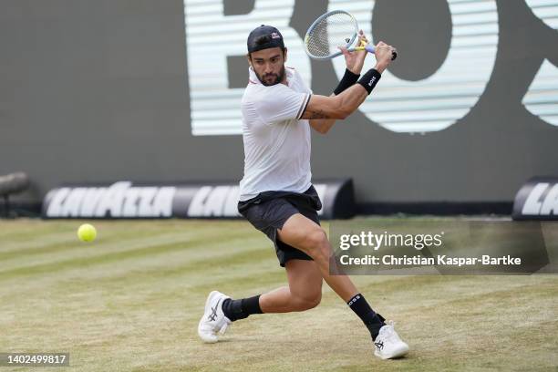 Matteo Berrettini of Italy plays a backhand during Men`s Singles final between Andy Murray of Great Britain and Matteo Berrettini of Italy during day...