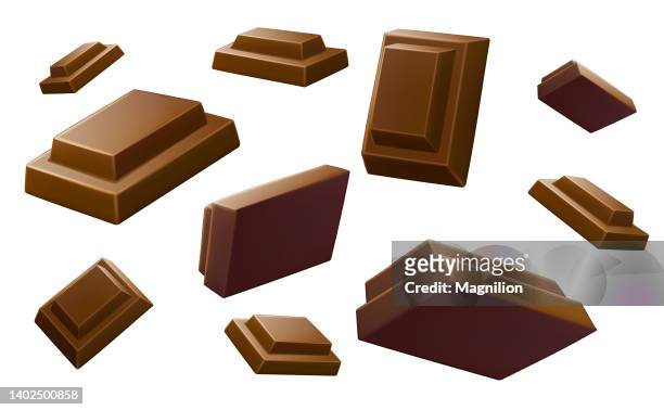 chocolate bar pieces background. vector illustration. sliced chocolate bar on white background - damaged package stock illustrations