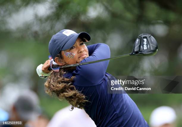 Amari Avery of The United States Team plays her tee shot on the second hole in her match against Emily Price during the singles matches on day three...