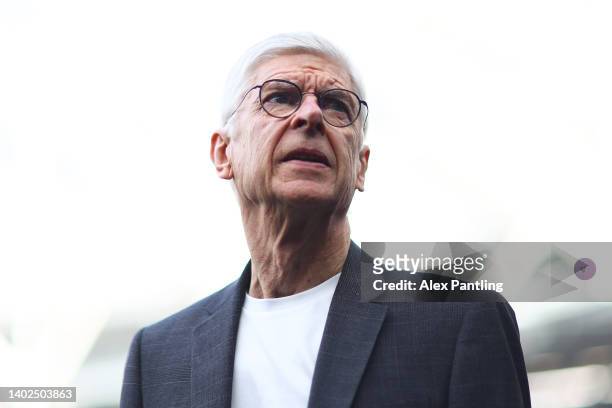 Arsene Wenger, Manager of Team World XI looks on prior to Soccer Aid for Unicef 2022 at London Stadium on June 12, 2022 in London, England.