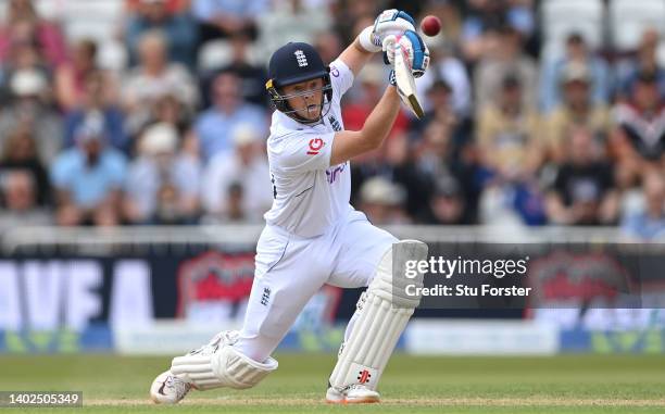 England batsman Ollie Pope drives during day three of the Second Test Match between England and New Zealand at Trent Bridge on June 12, 2022 in...