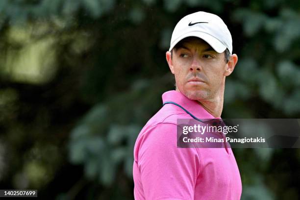 Rory McIlroy of Northern Ireland looks on from the fifth tee during the final round of the RBC Canadian Open at St. George's Golf and Country Club on...