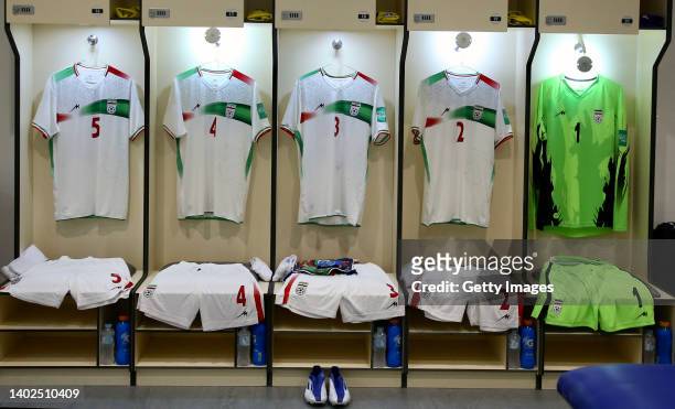 General view of Iran national team jerseys before the FIFA Friendly Regular Round match between Iran and Algeria at Suheim Bin Hamad Stadium on June...