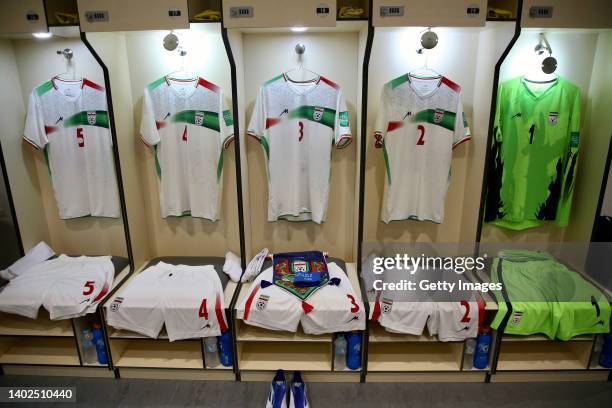 General view of Iran national team jerseys before the FIFA Friendly Regular Round match between Iran and Algeria at Suheim Bin Hamad Stadium on June...