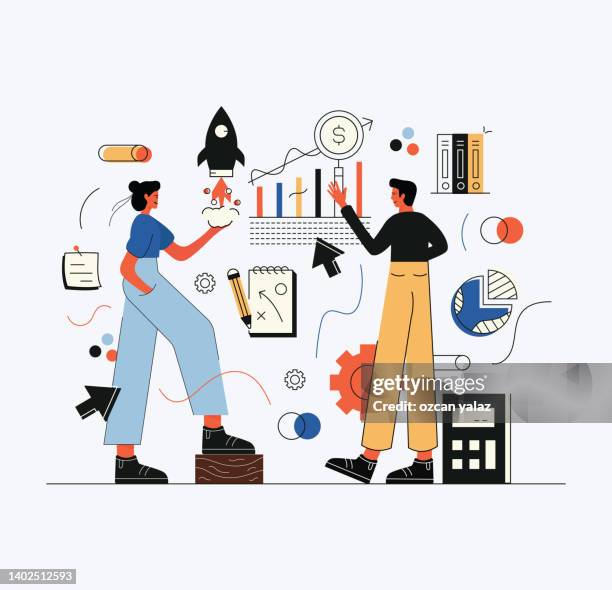 exchange of ideas and solution-oriented employees in business life. the subject about the teamwork of a man and a woman. - entrepreneur stock illustrations