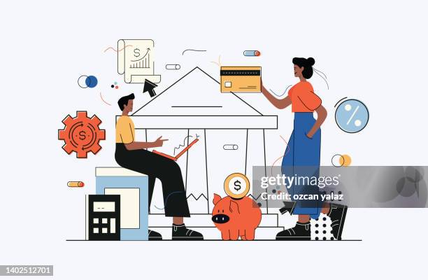 stockillustraties, clipart, cartoons en iconen met widespread use of internet banking. control and evaluation of people's investments and money. colored outline, ready-to-use template in many fields - tikken en betalen