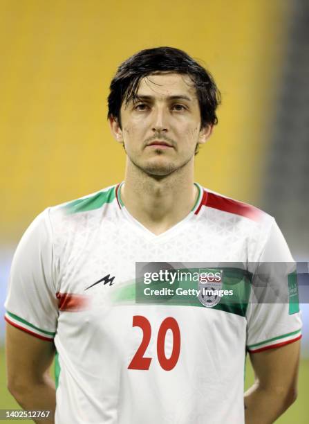 Sardar Azmoun of Iran lines up ahead of the FIFA Friendly Regular Round match between Iran and Algeria at Suheim Bin Hamad Stadium on June 12, 2022...