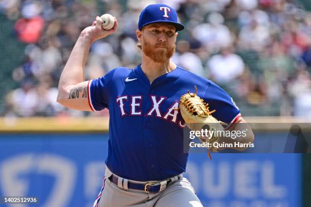 Starting pitcher Jon Gray of the Texas Rangers delivers the baseball in the first inning against the Chicago White Sox at Guaranteed Rate Field on...
