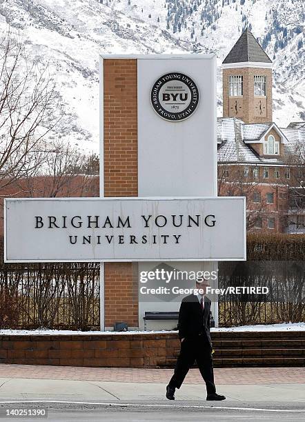 Student walks past the entrance of Brigham Young University on March 1, 2012 in Provo, Utah. BYU is the alma mater of Republican U.S. Presidential...