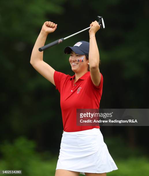 Rose Zhang of Team USA celebrates after winning her match on the 13th hole during the Day Three singles matches of The Curtis Cup at Merion Golf Club...