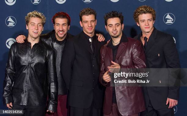 Members: Lance Bass, Joey Fatone, JC Chasez, Chris Kirkpatrick and Justin Timberlake backstage at the 42nd Annual Grammy Awards, February 23, 2000 in...