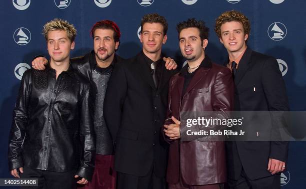 Members: Lance Bass, Joey Fatone, JC Chasez, Chris Kirkpatrick and Justin Timberlake backstage at the 42nd Annual Grammy Awards, February 23, 2000 in...