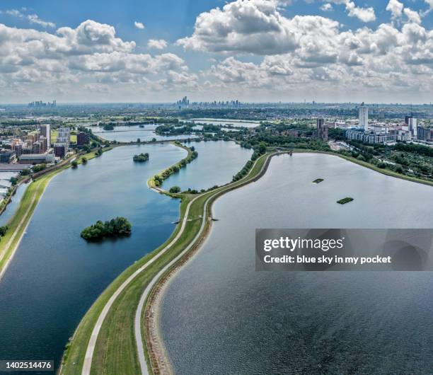 the london walthamstow wetlands from a drone perspective - walthamstow stock pictures, royalty-free photos & images