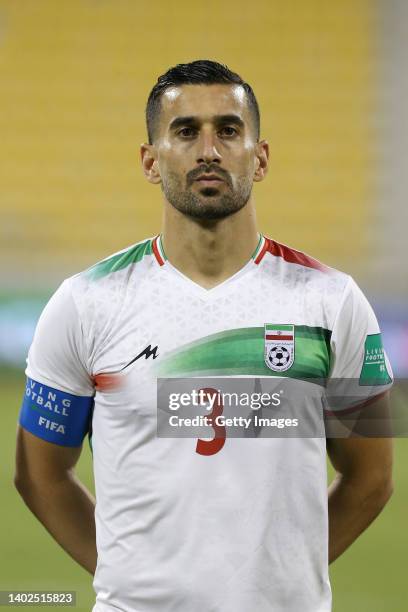 Ehsan Hajsafi of Iran lines up ahead of the FIFA Friendly Regular Round match between Iran and Algeria at Suheim Bin Hamad Stadium on June 12, 2022...