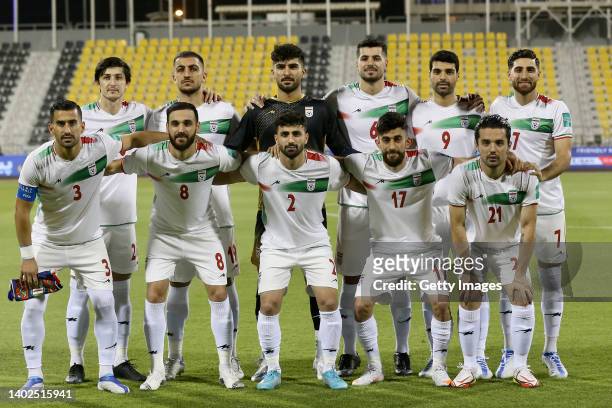 Iran line up ahead of the FIFA Friendly Regular Round match between Iran and Algeria at Suheim Bin Hamad Stadium on June 12, 2022 in Doha, Qatar.