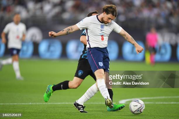 Tom Grennan of Team England scores their team's second goal during the Soccer Aid for Unicef 2022 match between Team England and Team World XI at...
