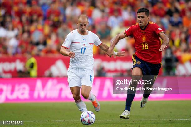 Rodrigo Hernandez of Spain competes for the ball with Vaclav Cerny of Czech Republic during the UEFA Nations League A Group 2 match between Spain and...