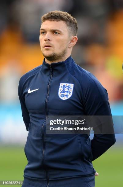 Kieran Trippier of England lines up before the UEFA Nations League League A Group 3 match between England and Italy at Molineux on June 11, 2022 in...