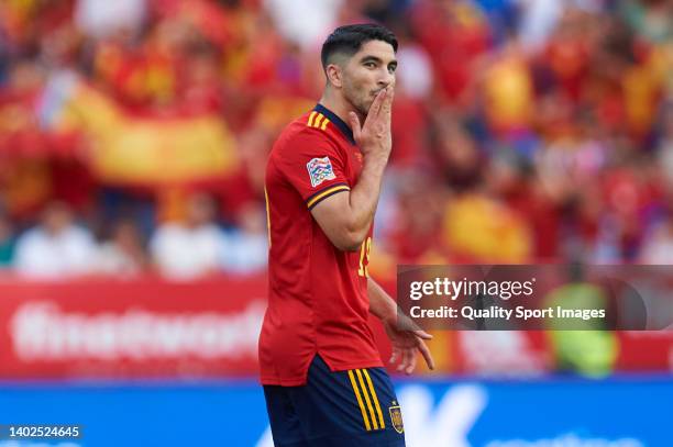 Carlos Soler of Spain celebrates after scoring his team's first goal during the UEFA Nations League A Group 2 match between Spain and Czech Republic...