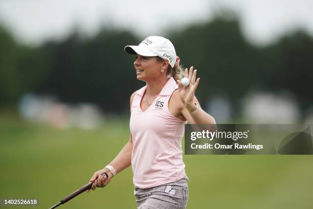 Lindsey Weaver-Wright reacts after putting put on the 18th green during the final round of the ShopRite Classic at Seaview Bay Course on June 12,...