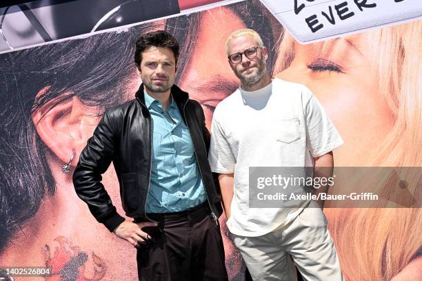 Sebastian Stan and Seth Rogen attend the Los Angeles FYC "Clips + Conversation" Event for Hulu's "Pam & Tommy" at El Capitan Theatre on June 12, 2022...