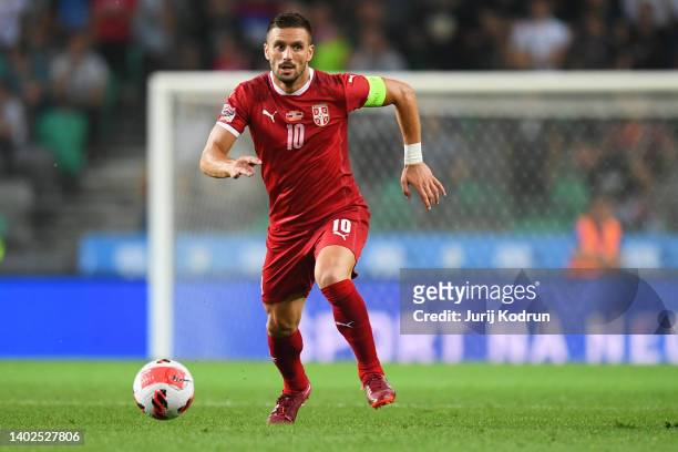 Dusan Tadic of Serbia runs with the ball during the UEFA Nations League League B Group 4 match between Slovenia and Serbia at Stadion Stozice on June...