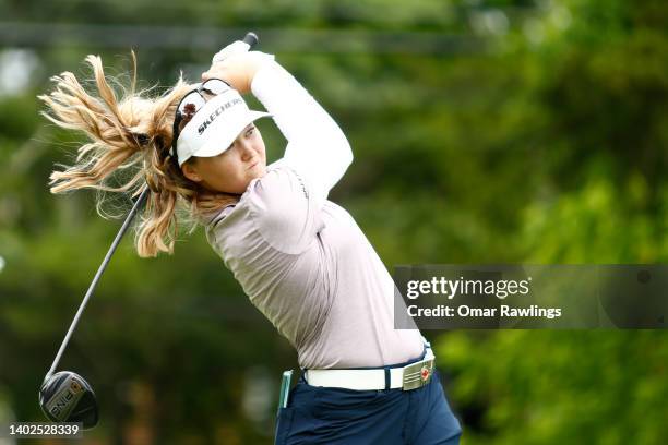 Brooke Henderson of Canada plays her shot from the 14th tee during the final round of the ShopRite Classic at Seaview Bay Course on June 12, 2022 in...