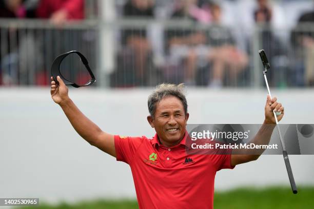 Thongchai Jaidee of Thailand celebrates on the 18th green after winning the American Family Insurance Championship at University Ridge Golf Club on...