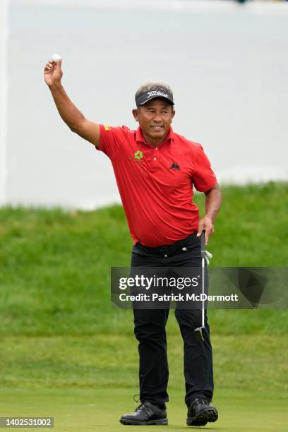 Thongchai Jaidee of Thailand celebrates on the 18th green after winning the American Family Insurance Championship at University Ridge Golf Club on...