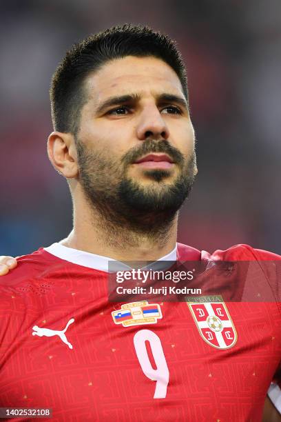 Aleksandar Mitrovic of Seria lines up prior to the UEFA Nations League League B Group 4 match between Slovenia and Serbia at Stadion Stozice on June...