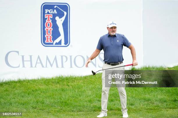 Jerry Kelly of the United States reacts after missing a birdie putt on the 18th green during the final round of the American Family Insurance...