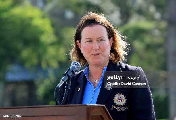 Elaine Ratcliffe the captain of the Great Britain and Ireland Team speaks at the closing ceremony after the singles matches on day three of The 2022...