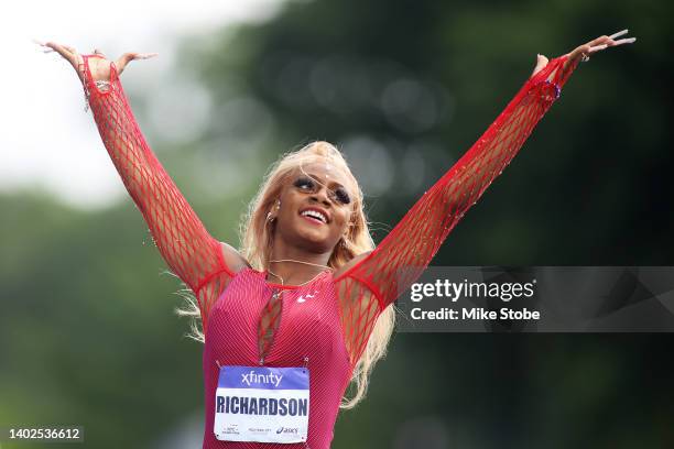 Sha'Carri Richardson celebrates after winning the Women's 200m during the New York Grand Prix at Icahn Stadium on June 12, 2022 in New York City.