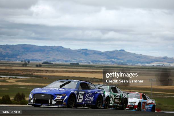 Joey Hand, driver of the Built Ford Proud Ford, Justin Haley, driver of the LeafFilter Gutter Protection Chevrolet, and Aric Almirola, driver of the...