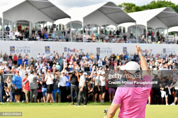 Rory McIlroy of Northern Ireland acknowledges the crowd after winning the RBC Canadian Open at St. George's Golf and Country Club on June 12, 2022 in...